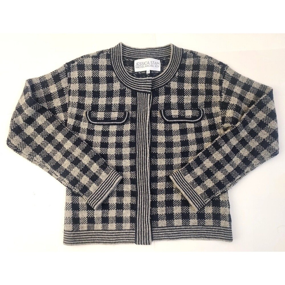 Ladies Jessica Stam Rachel Roy Wool Gray Plaid Snap Cardigan Sweater Size M